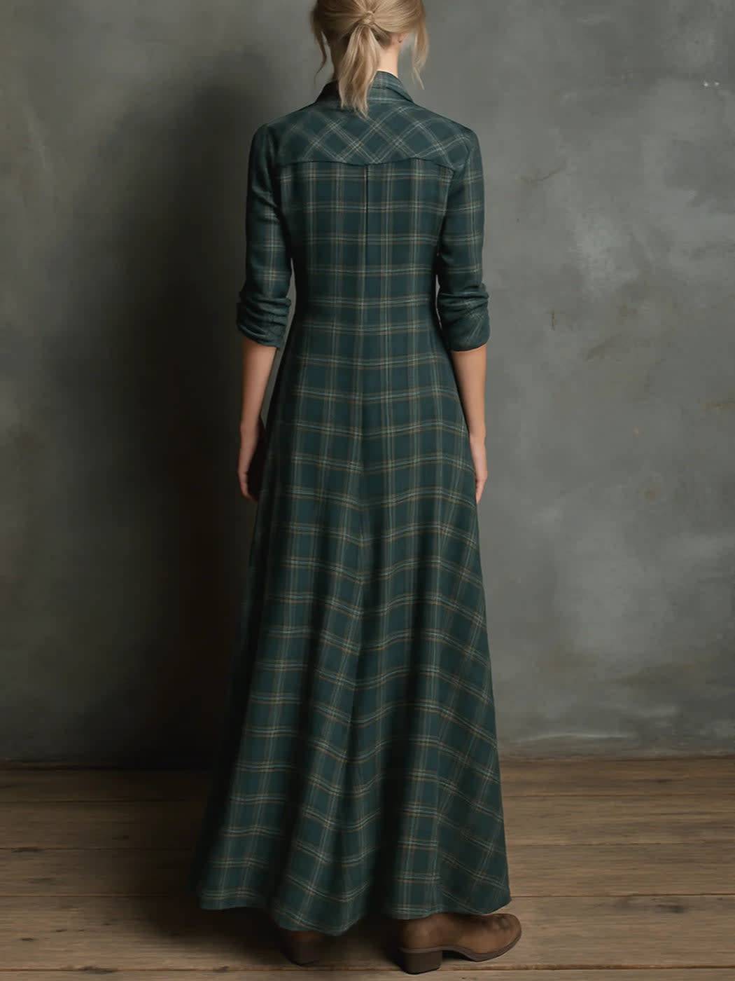 LALUNA | Robe Longue à Revers Carreaux Verts